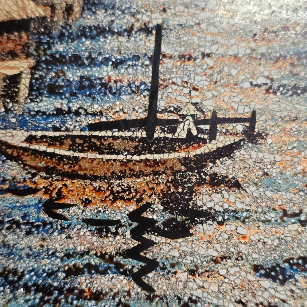 Vintage Vietnamese Village Wooden Black Lacquered Eggshell Inlay Art Plaque